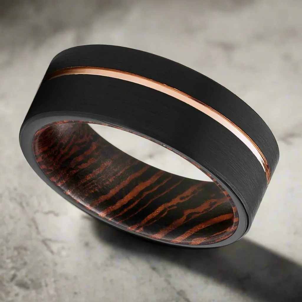 AEON | Wenge Wood, Black Tungsten Ring, Rose Gold Offset Groove, Brushed, Flat
