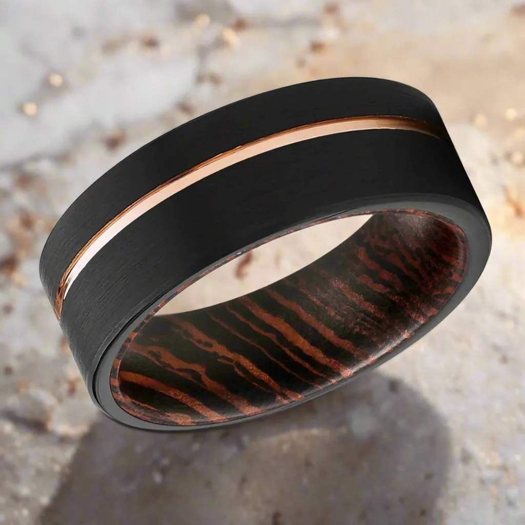 AEON | Wenge Wood, Black Tungsten Ring, Rose Gold Offset Groove, Brushed, Flat
