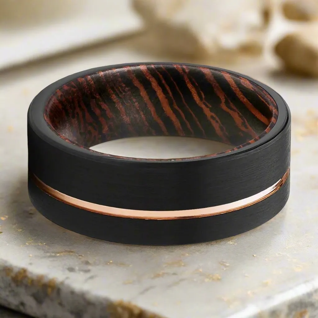 AEON | Wenge Wood, Black Tungsten Ring, Rose Gold Offset Groove, Brushed, Flat
