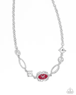 Aerial Approval - Red - Painted Oval Frame Silver Butterfly White Gem Paparazzi Short Necklace