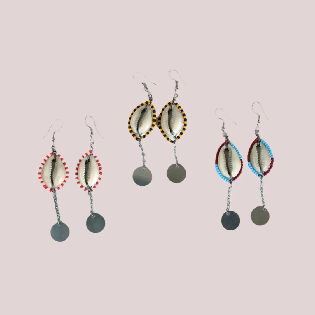 African Maasai Bead Cowrie Dangle Earring Set