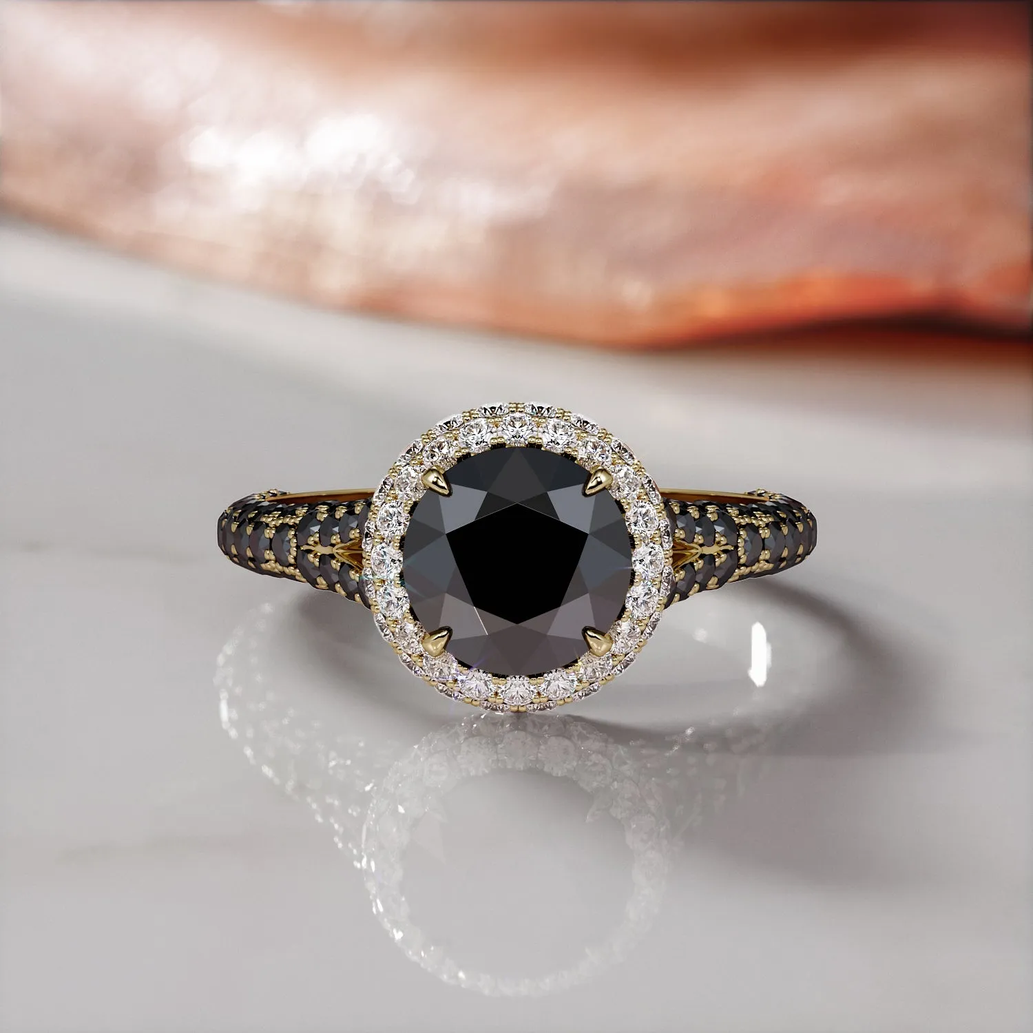 Afterglow -   Double Halo Natural Black Diamond Round Engagement Ring