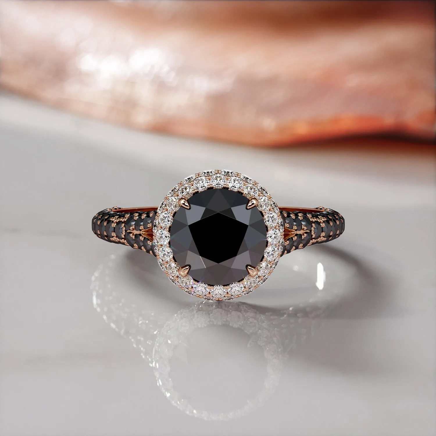 Afterglow -   Double Halo Natural Black Diamond Round Engagement Ring