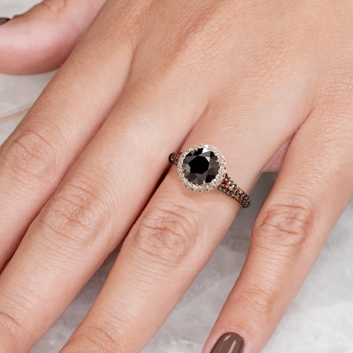Afterglow -   Double Halo Natural Black Diamond Round Engagement Ring