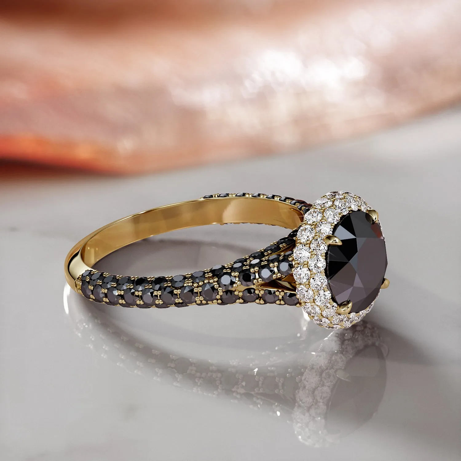 Afterglow -   Double Halo Natural Black Diamond Round Engagement Ring