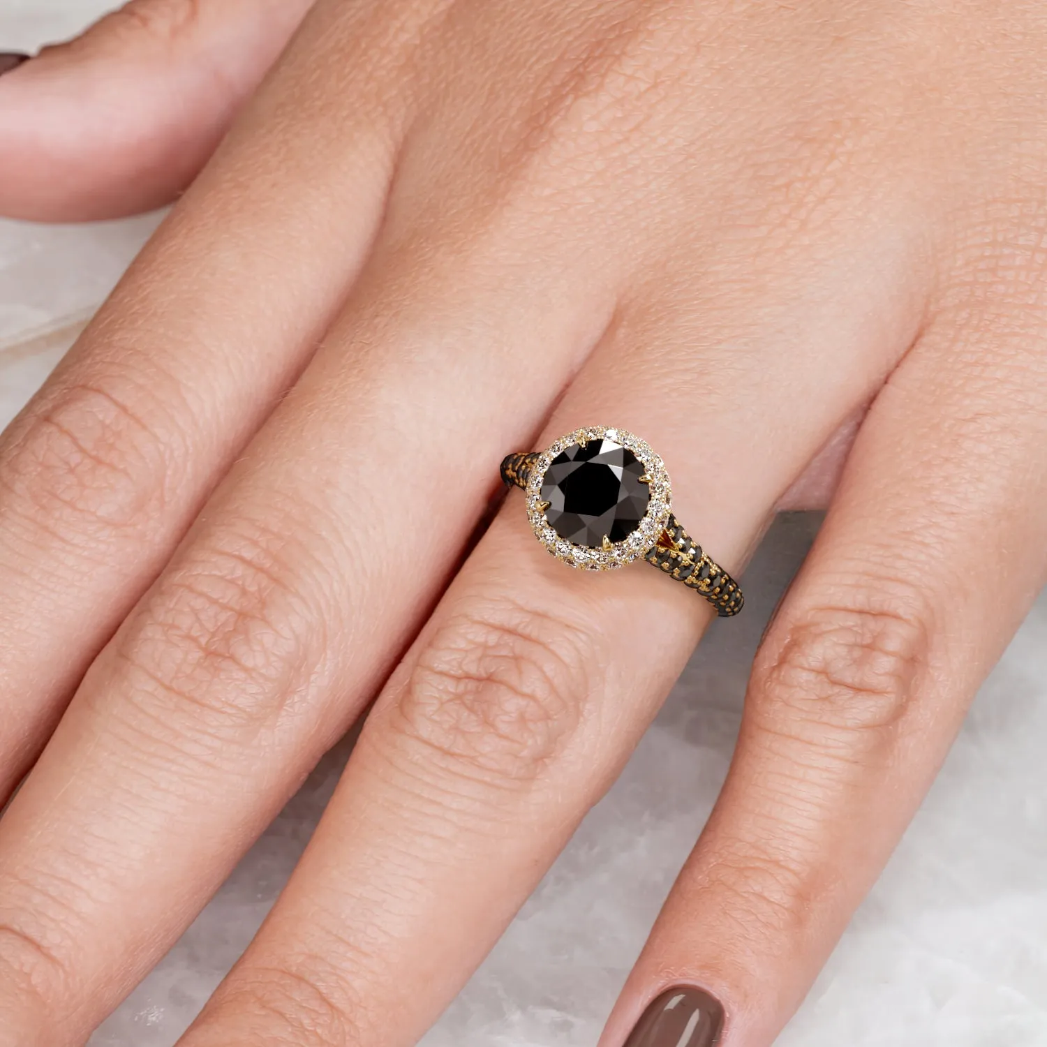 Afterglow -   Double Halo Natural Black Diamond Round Engagement Ring