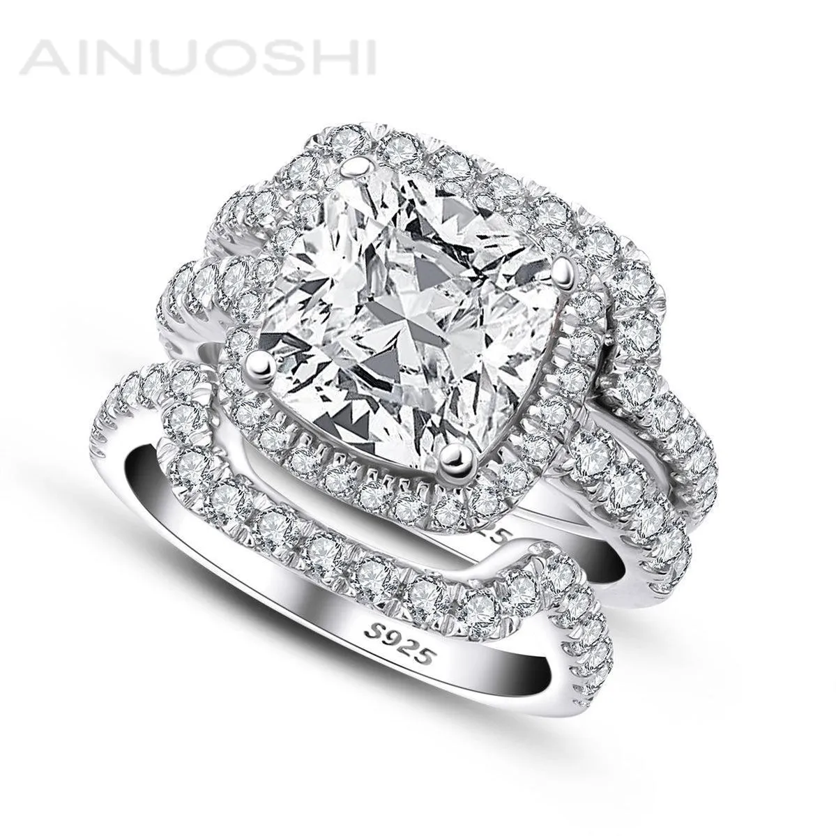 Ainuoshi Classic Cushion Created White Diamond 3PC Rings