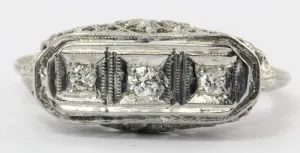 Antique Art Deco 18K White Gold & 3 Stone Diamond Engagement Ring