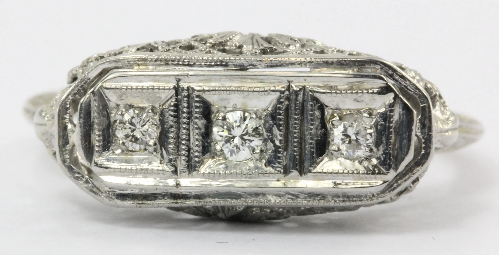 Antique Art Deco 18K White Gold & 3 Stone Diamond Engagement Ring