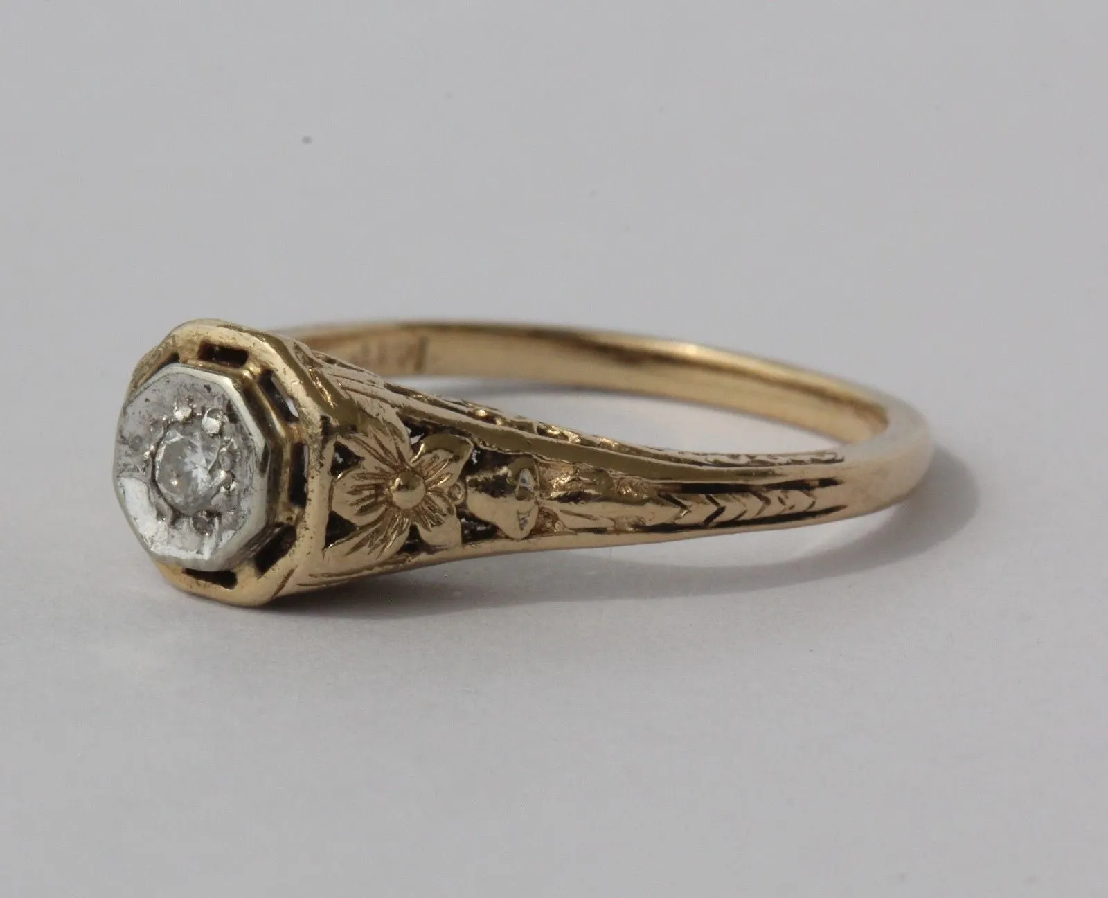 Antique Art Nouveau 14KT Gold Floral Design Diamond Engagement Ring Size 6.5