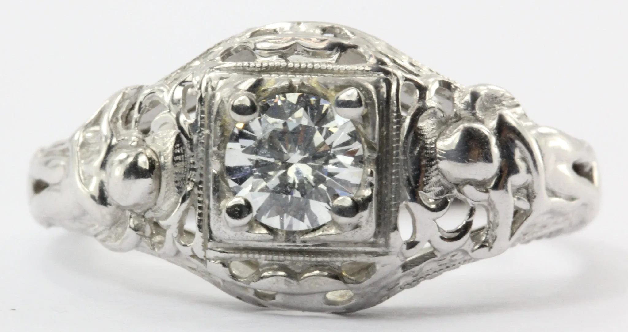 Antique Art Nouveau Figural 18K White Gold Angel Diamond Engagement Ring