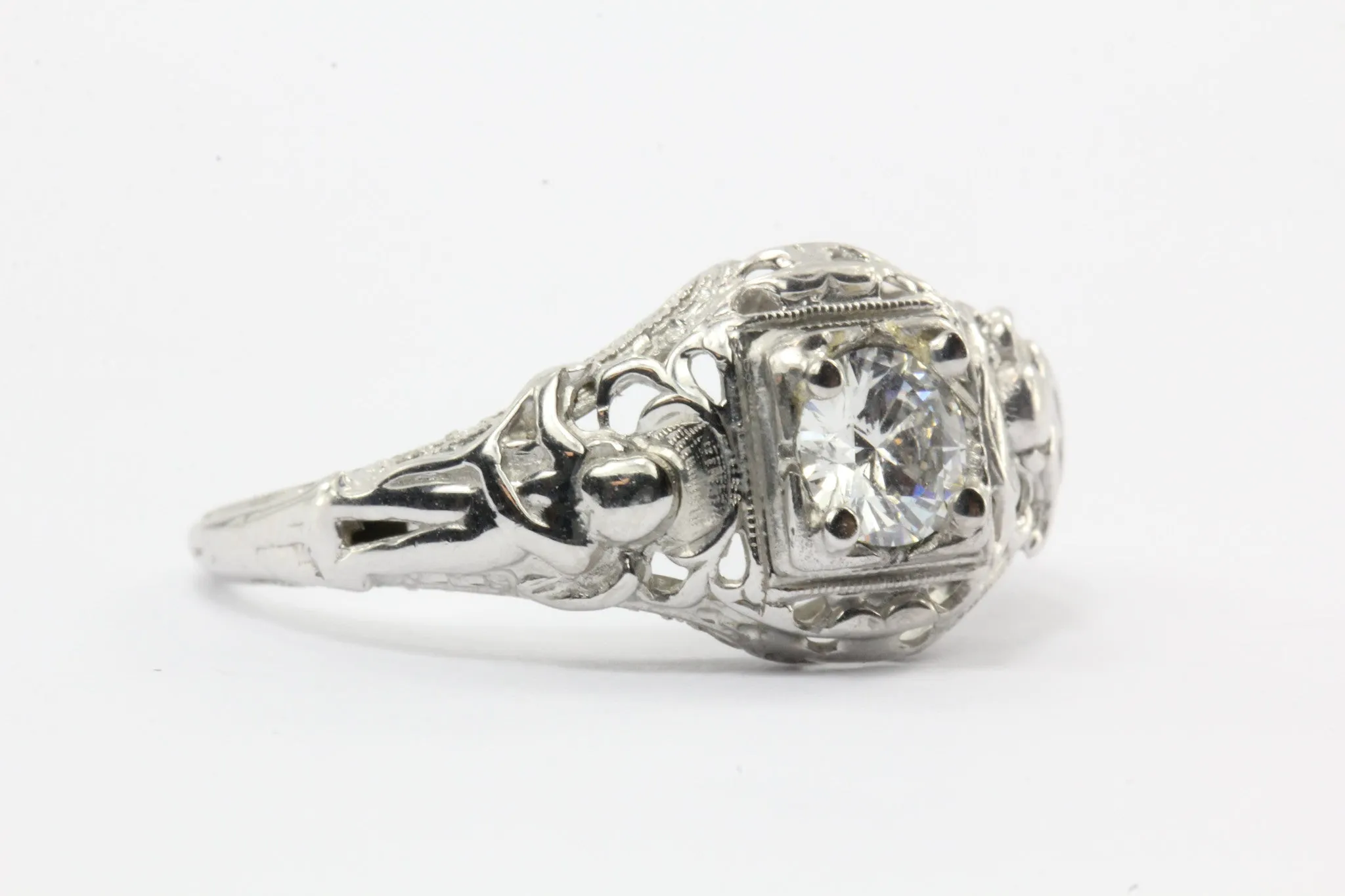Antique Art Nouveau Figural 18K White Gold Angel Diamond Engagement Ring