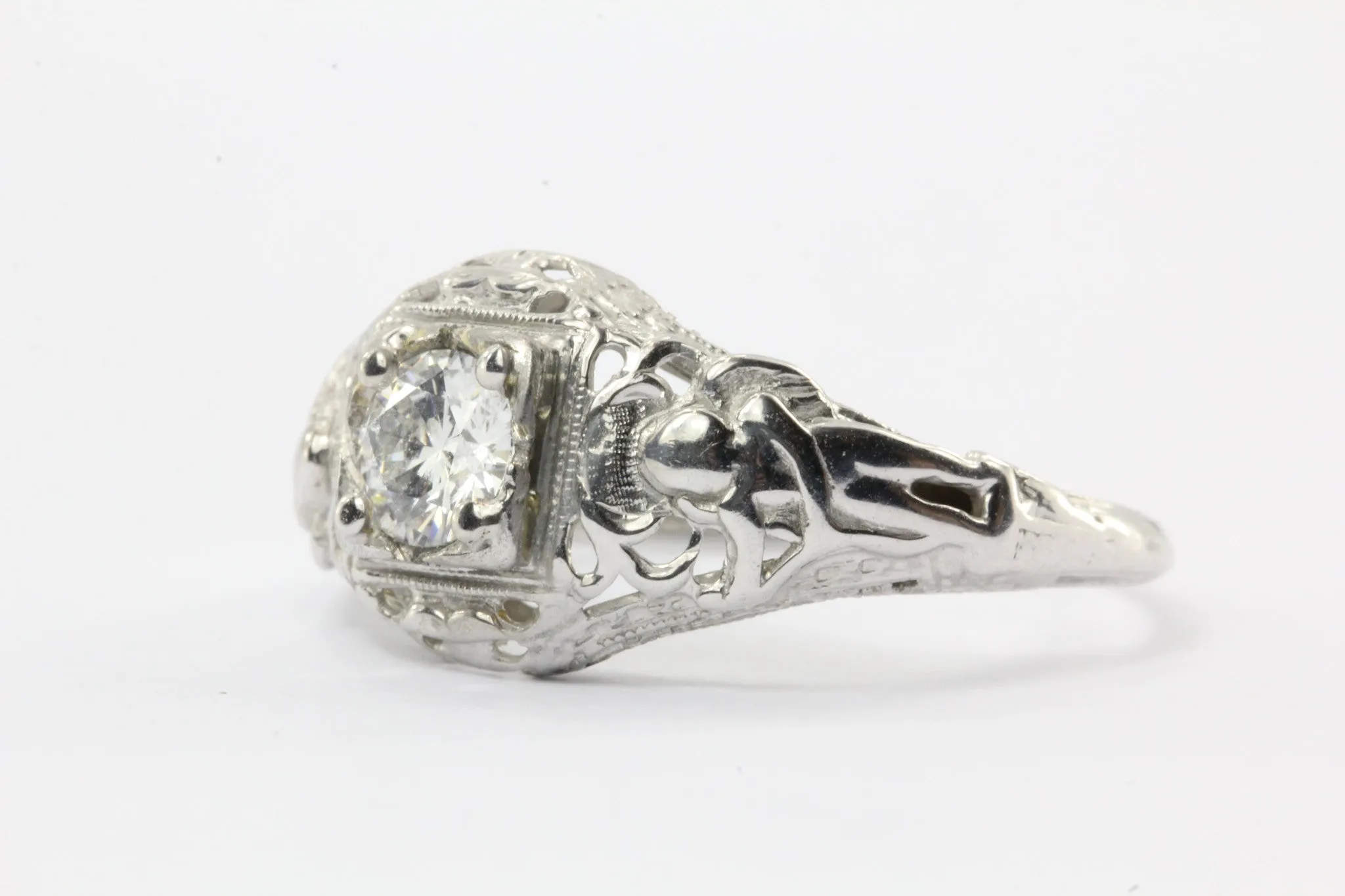 Antique Art Nouveau Figural 18K White Gold Angel Diamond Engagement Ring