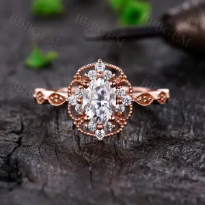 Art Deco Oval Cut Moissanite Engagement Ring 1.0 Carat Moissanite in Rose Gold