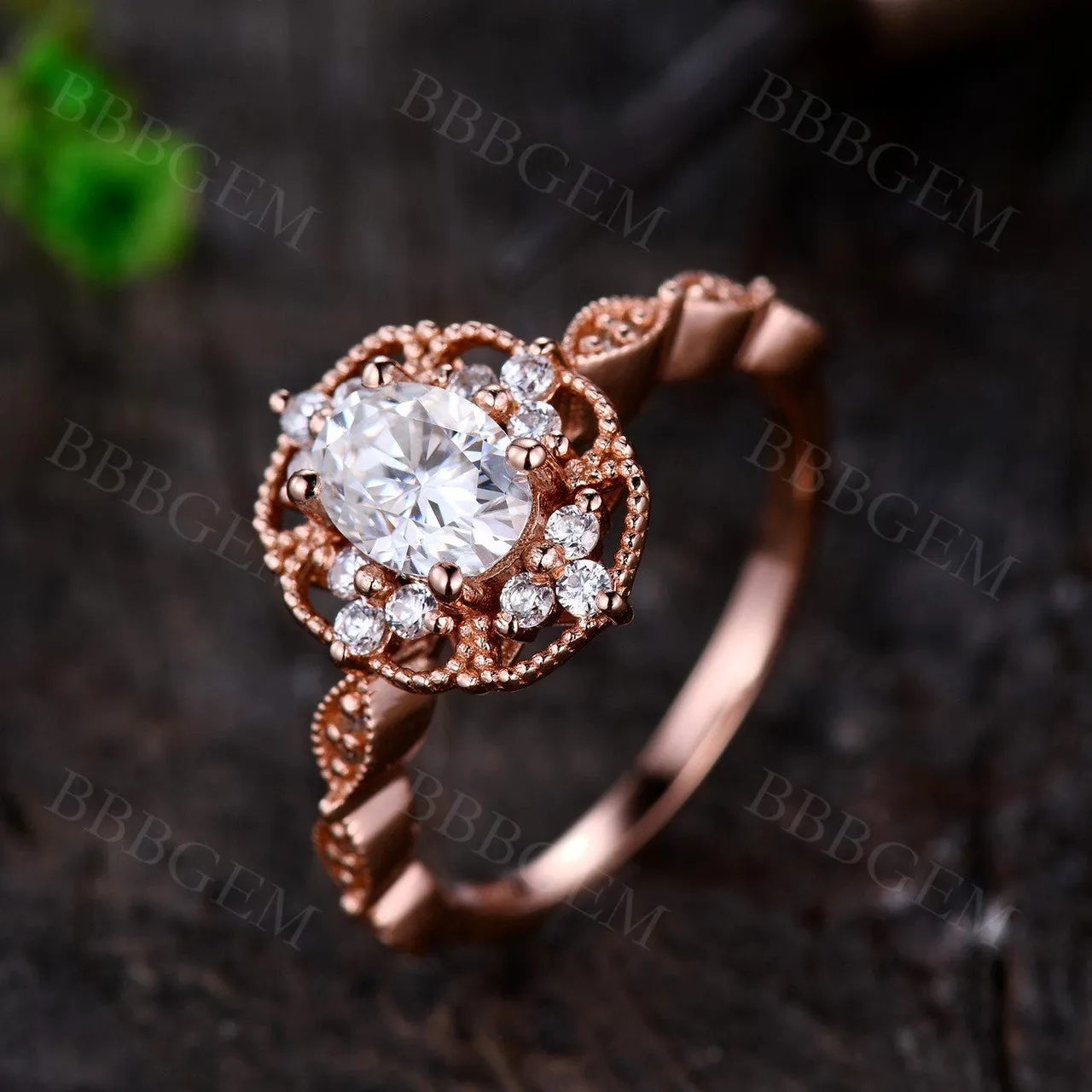 Art Deco Oval Cut Moissanite Engagement Ring 1.0 Carat Moissanite in Rose Gold