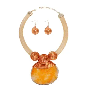 Artistic Orange Druzy Pendant Necklace Set with Gold Mesh Chain