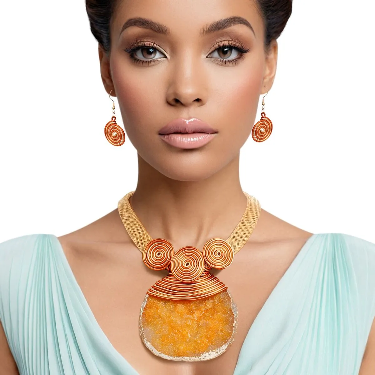 Artistic Orange Druzy Pendant Necklace Set with Gold Mesh Chain