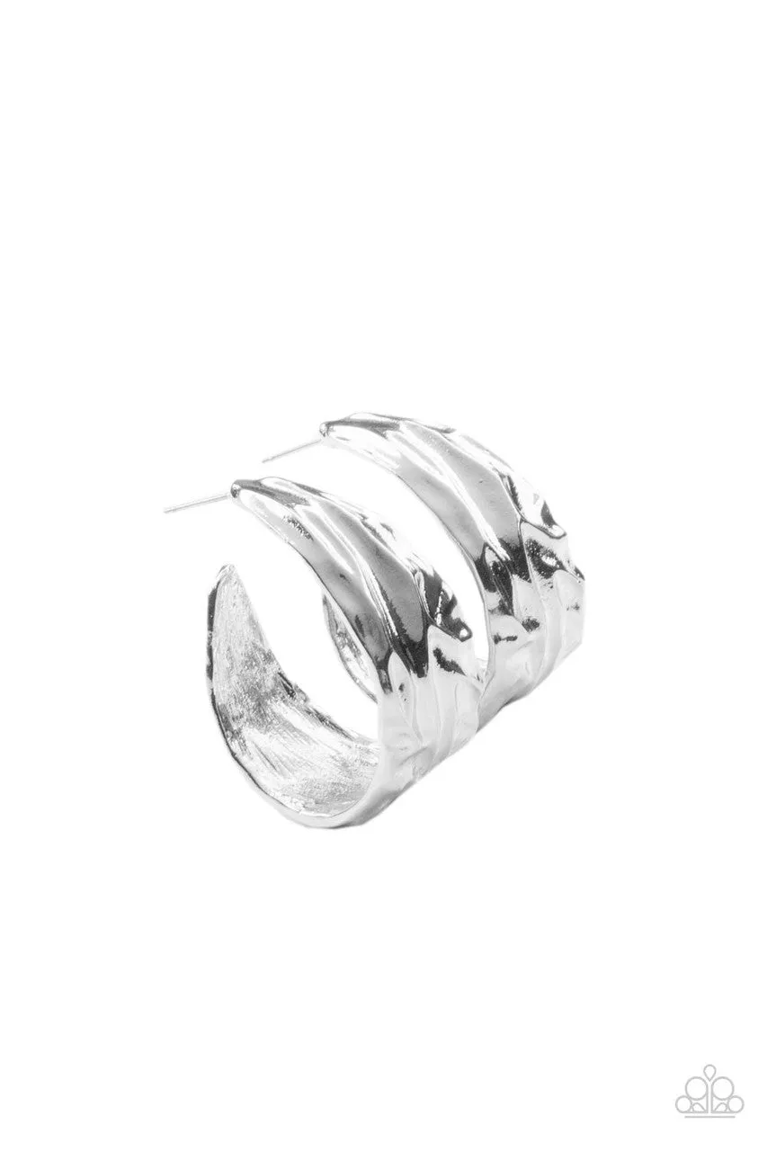 Badlands and Bellbottoms - Silver - Textured Paparazzi Hoop Earrings