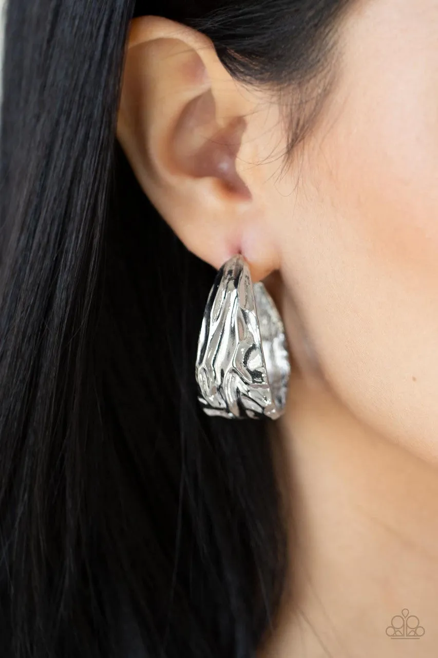 Badlands and Bellbottoms - Silver - Textured Paparazzi Hoop Earrings