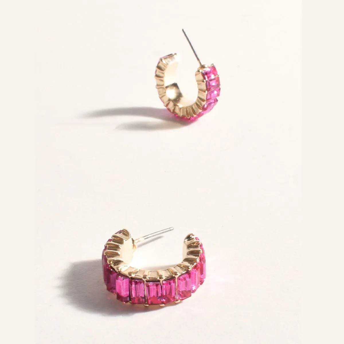 Baguette Jewel Mini Hoop Earrings (Hot Pink)