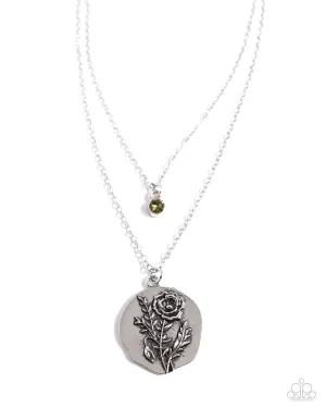 Birthstone Beauty - Green - Peridot Rhinestone August Flower Pendant Tiered Paparazzi Short Necklace