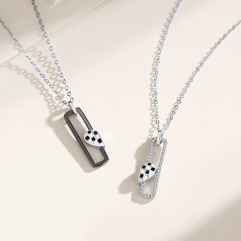 Black & White Checkered Magnetic Heart Matching Necklaces