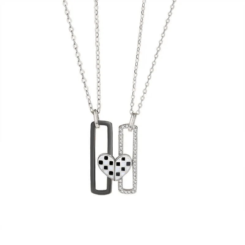 Black & White Checkered Magnetic Heart Matching Necklaces
