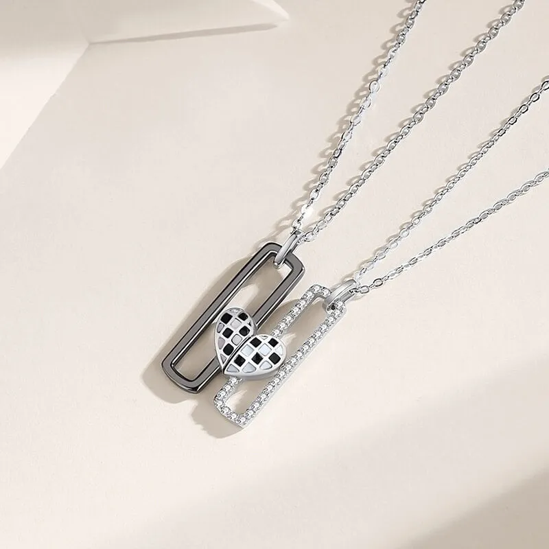 Black & White Checkered Magnetic Heart Matching Necklaces