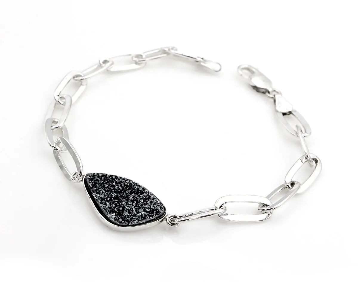 Black Druzy Long Link Sterling Silver Bracelet