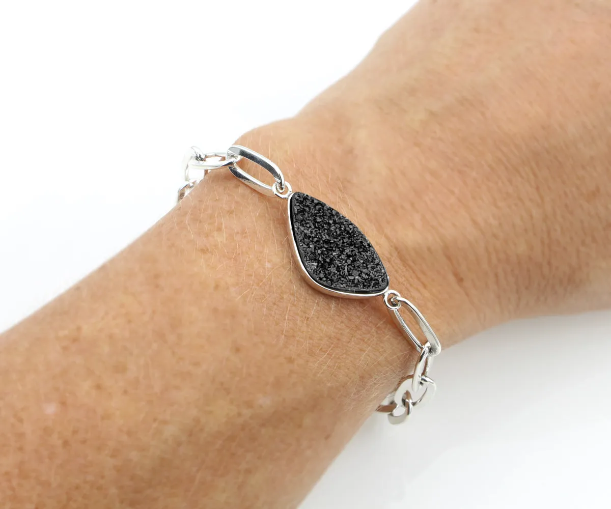Black Druzy Long Link Sterling Silver Bracelet