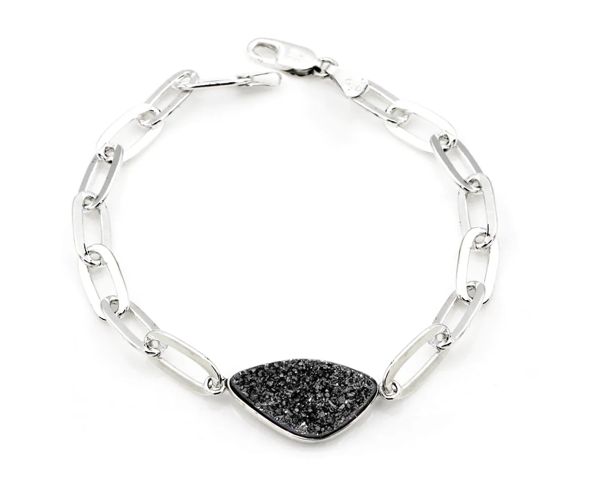 Black Druzy Long Link Sterling Silver Bracelet