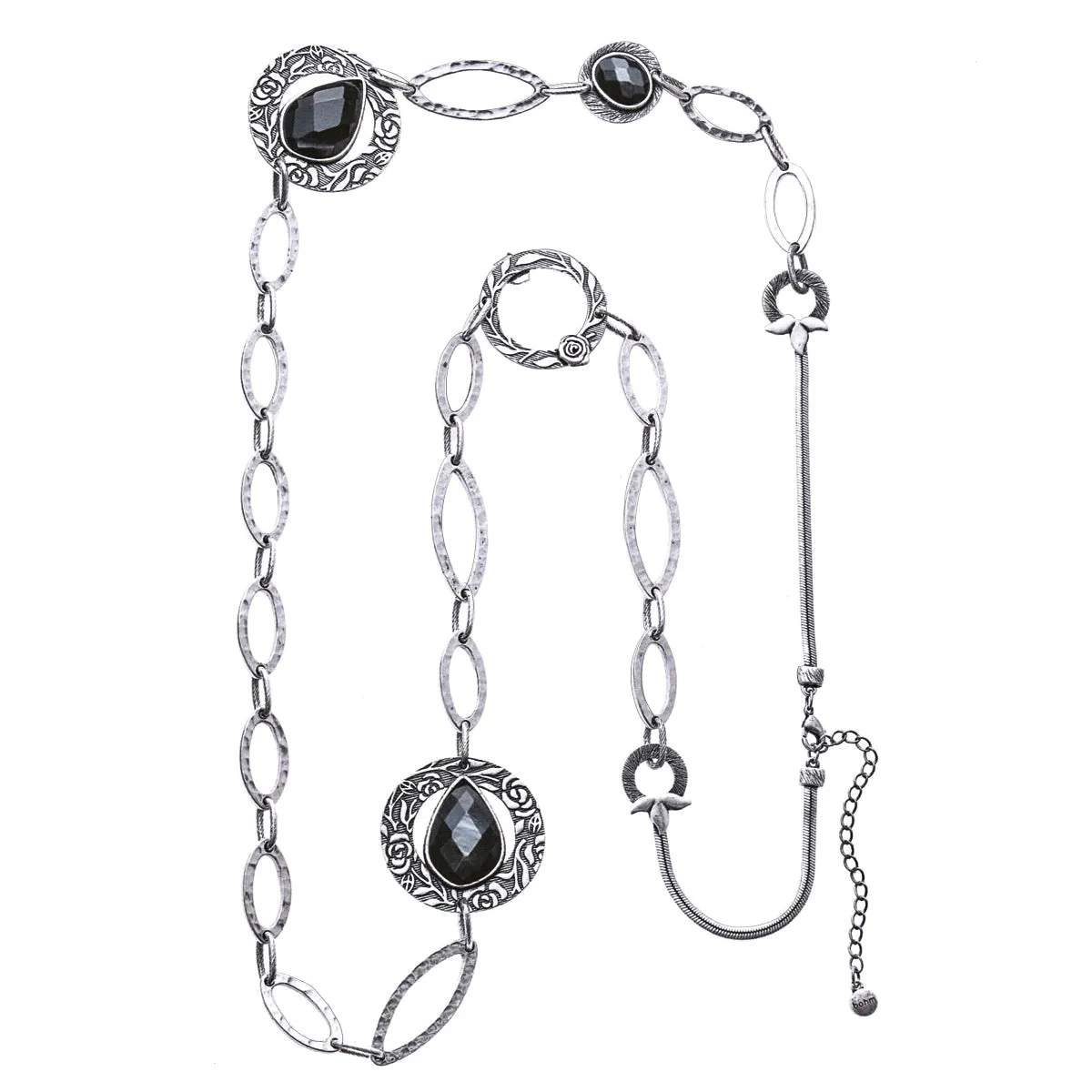 BLACK FACETED STONE SILVER LINK  NECKLACES #190SV1501 (2E6)
