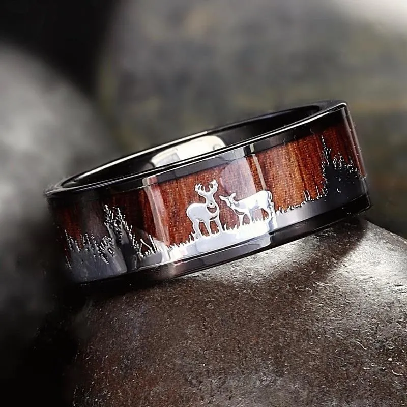 Black Tungsten Hunting Ring Wedding Band Wood Inlay Deer Stag Silhouette Ring