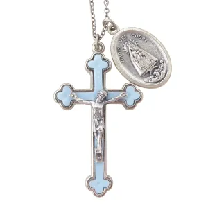 Blue crucifix and silver medal necklace