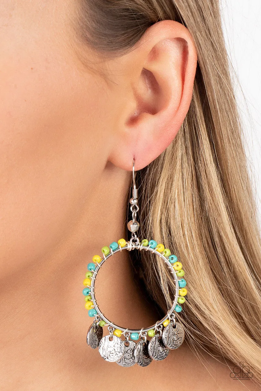 Bohemian Beach Blast  - Green - Blue, and Yellow Seed Bead Textured Silver Disc Hoop Paparazzi Fishhook Earrings