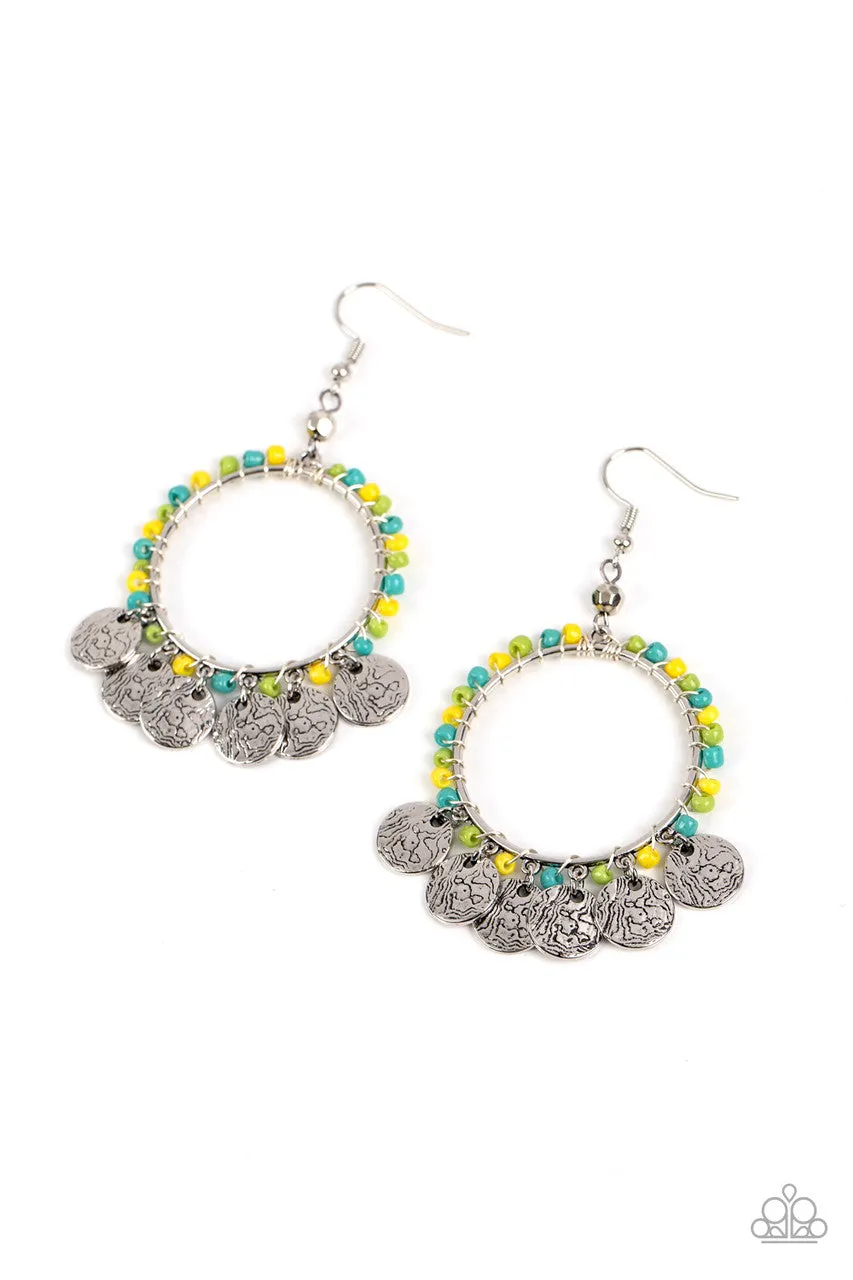Bohemian Beach Blast  - Green - Blue, and Yellow Seed Bead Textured Silver Disc Hoop Paparazzi Fishhook Earrings