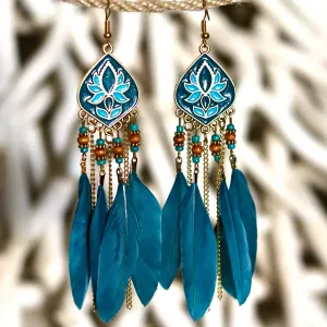 Bohemian-style vibrant turquoise feathers earrings