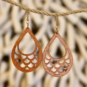 Boho Wooden Teardrop Earrings – Scalloped Cutout Design