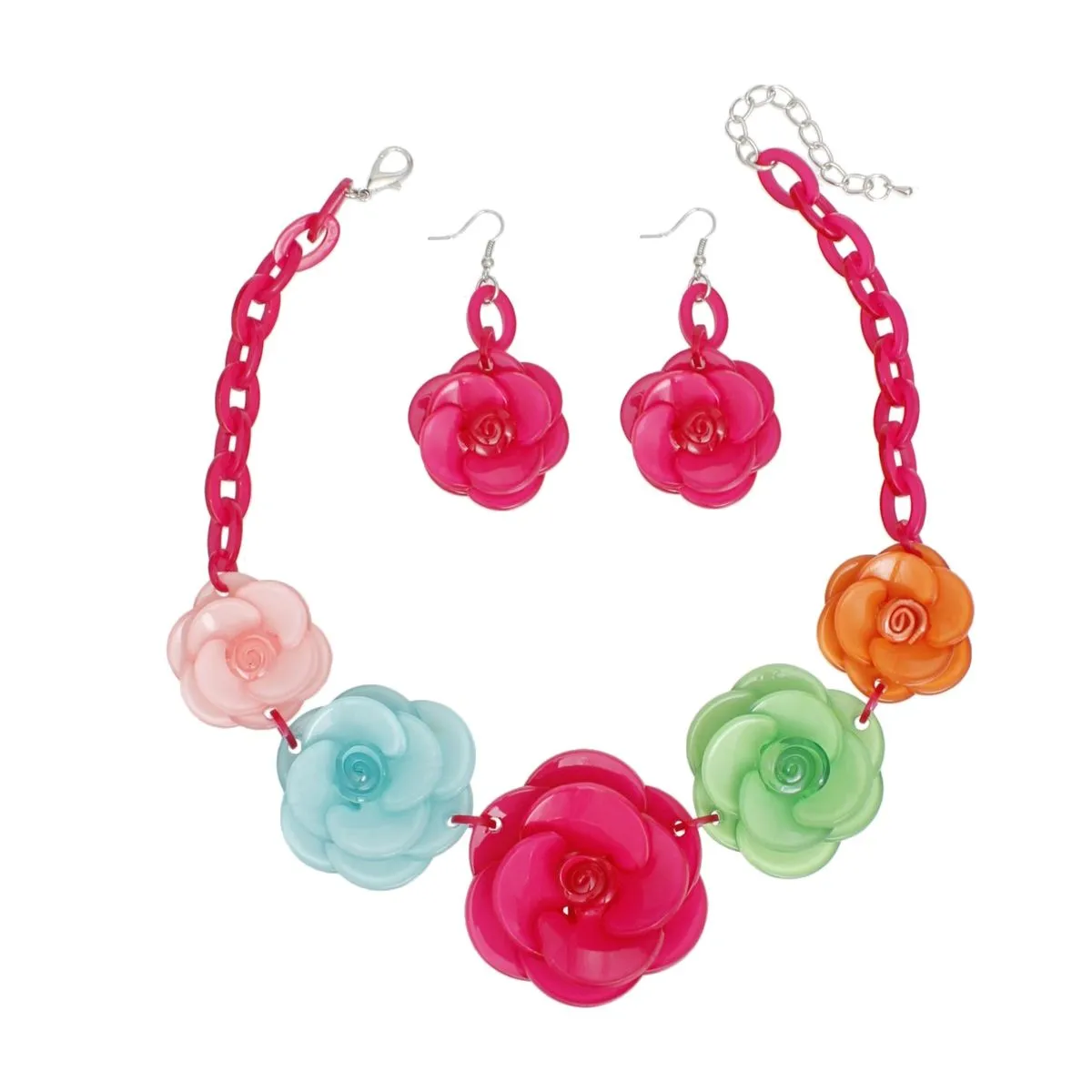Bold Whimsy Pink Multicolor Rose Statement Collar Necklace Set with Matching Dimensional Flower Earrings