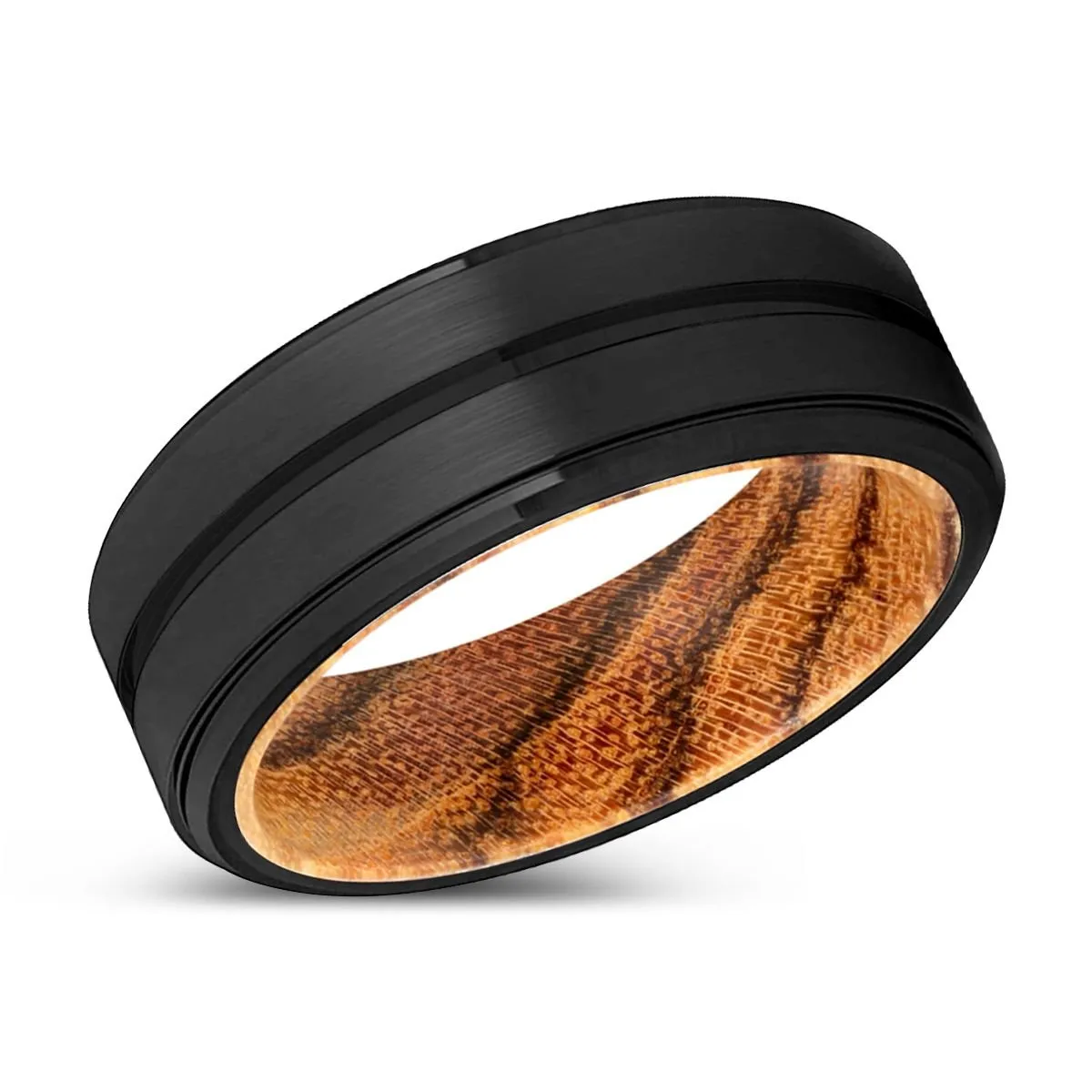 CASEY | Bocote Wood, Black Tungsten Ring, Grooved, Stepped Edge