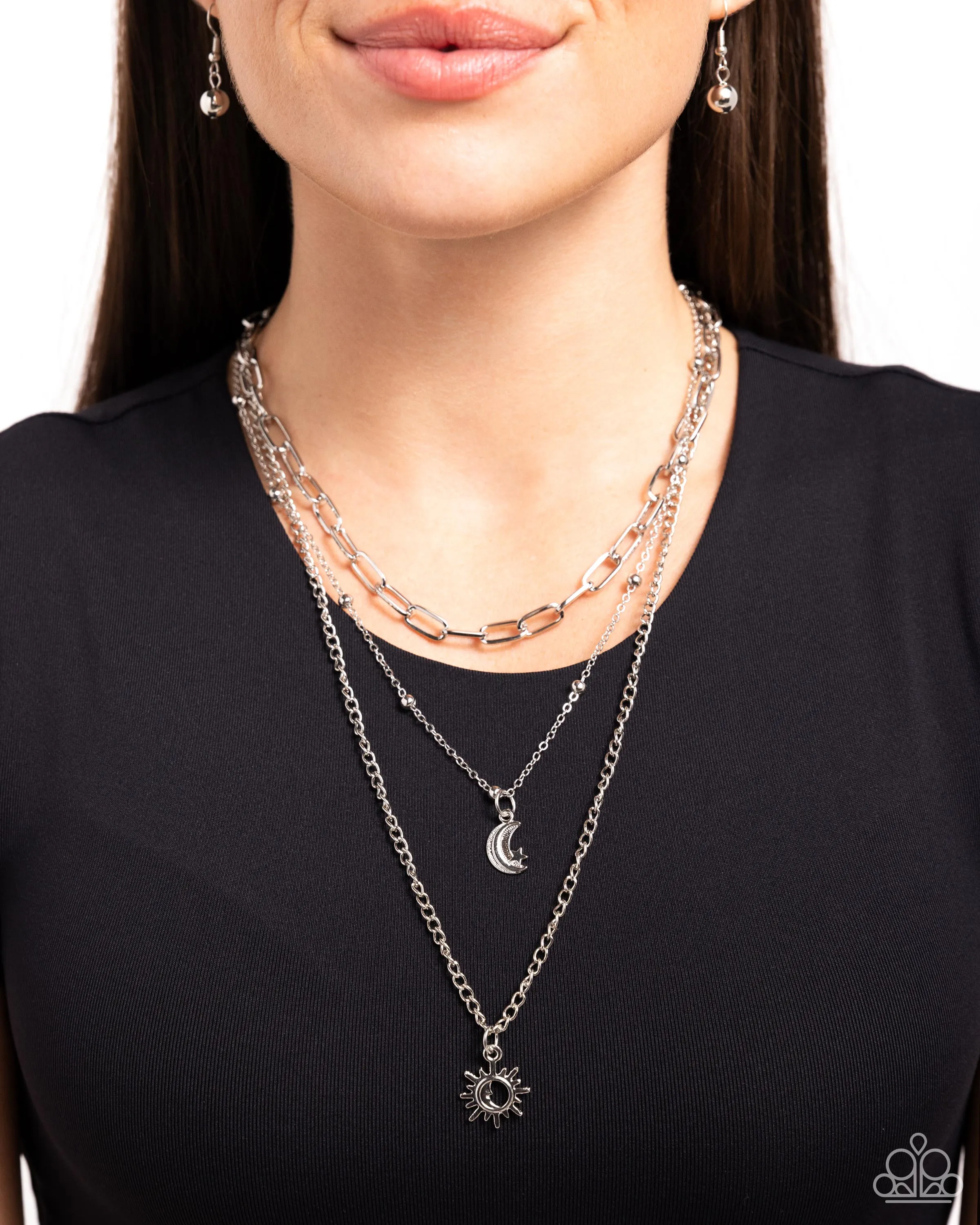 Celestial Craze - Silver - Sunburst and Moon Tiered Paparazzi Short Necklace
