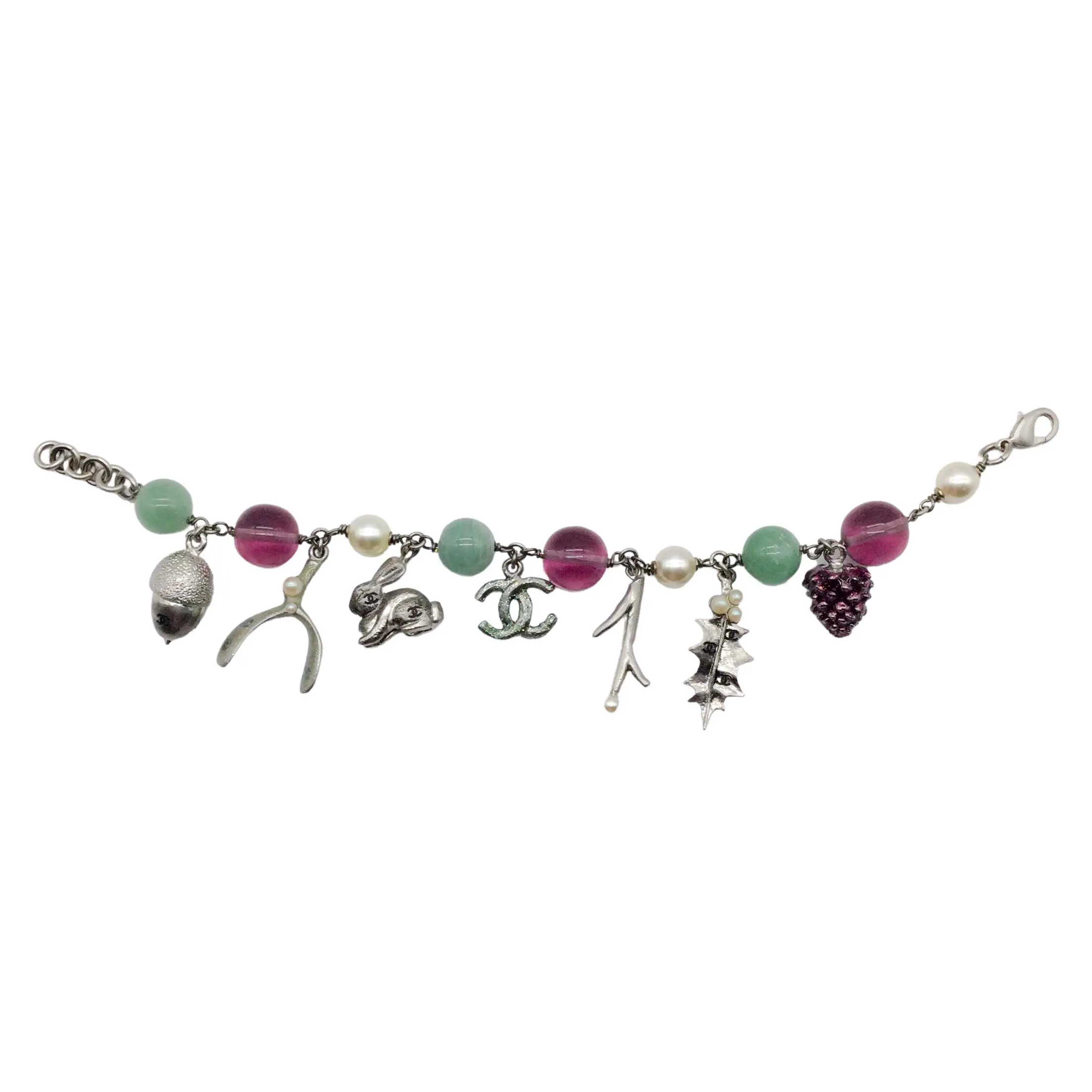 Chanel Silver Green/Purple Beaded Woodland Charm Fall 2005 Bracelet