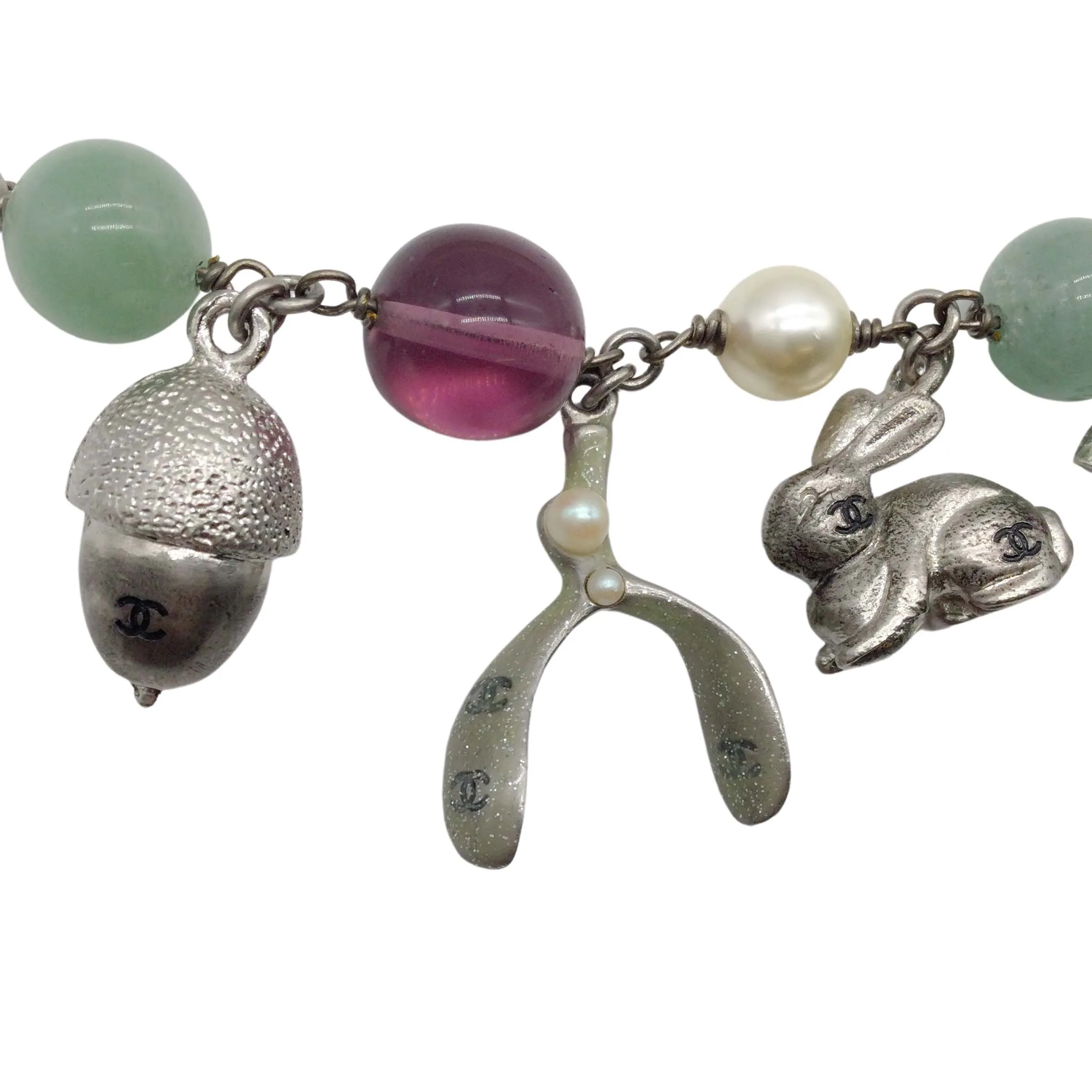 Chanel Silver Green/Purple Beaded Woodland Charm Fall 2005 Bracelet