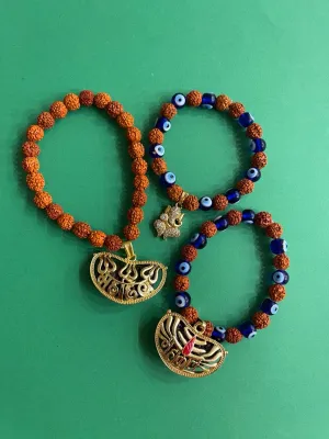 (Combo of 3) Fancy Gold Plated MAHAKAL & Ganesha Pendants Rudraksha Bracelets