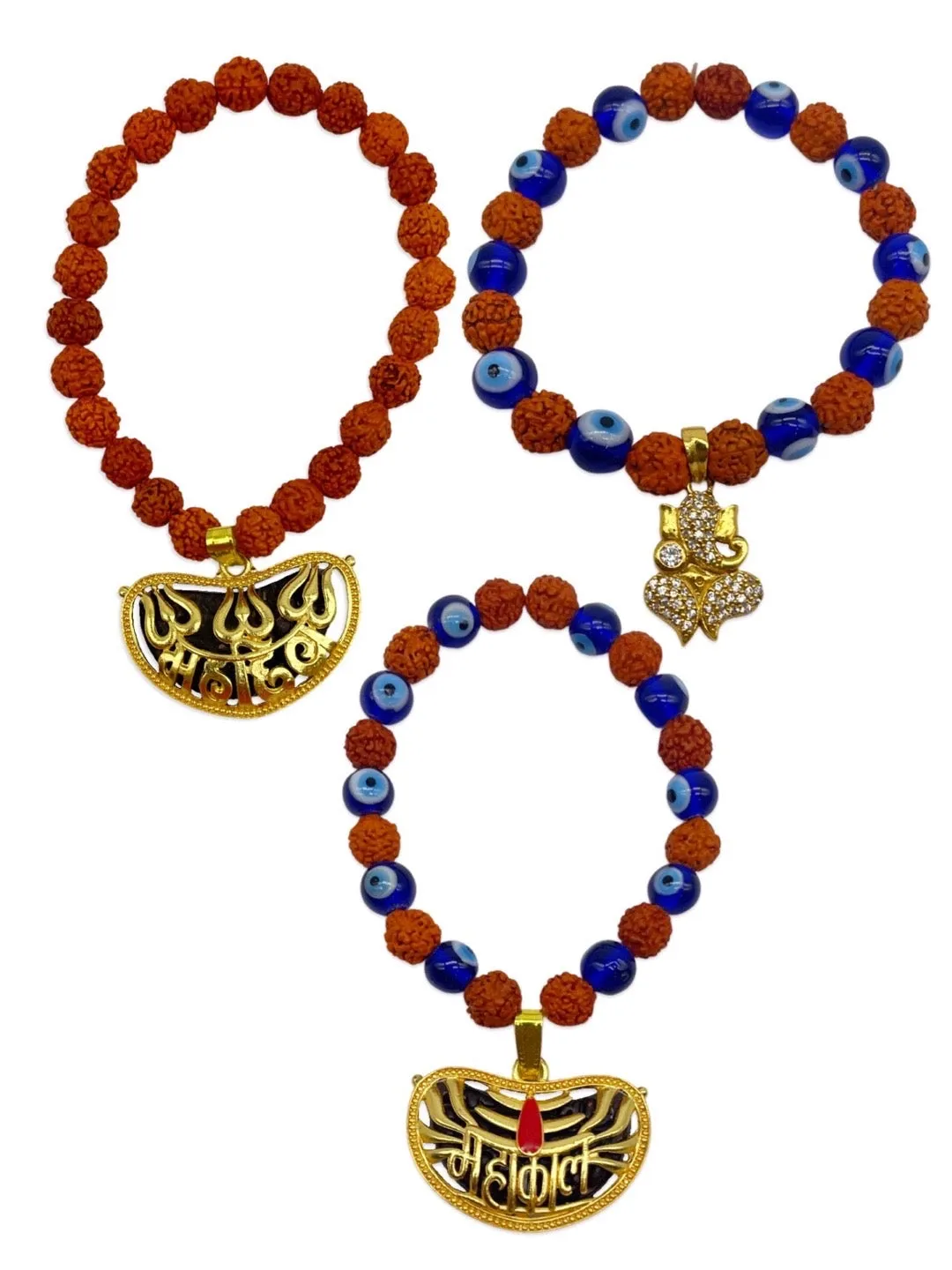 (Combo of 3) Fancy Gold Plated MAHAKAL & Ganesha Pendants Rudraksha Bracelets