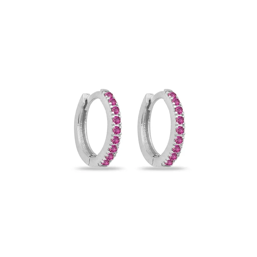 Cubic Zirconia Mini Hoop Earrings - Silver Fuchsia