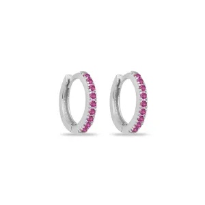 Cubic Zirconia Mini Hoop Earrings - Silver Fuchsia