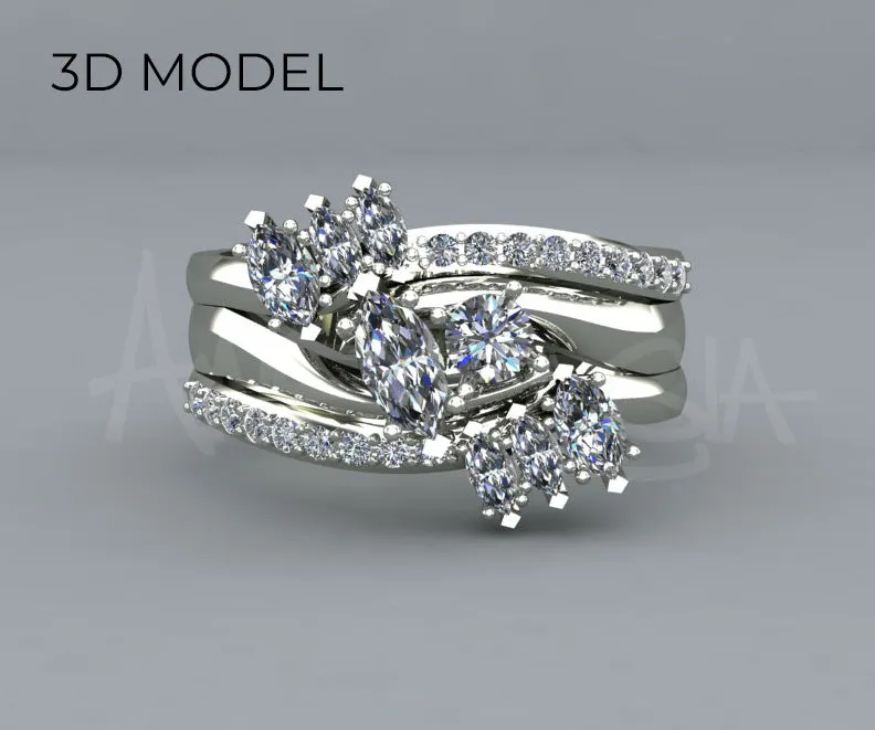 Custom Curved Marquise Diamond Swirl Wedding Ring