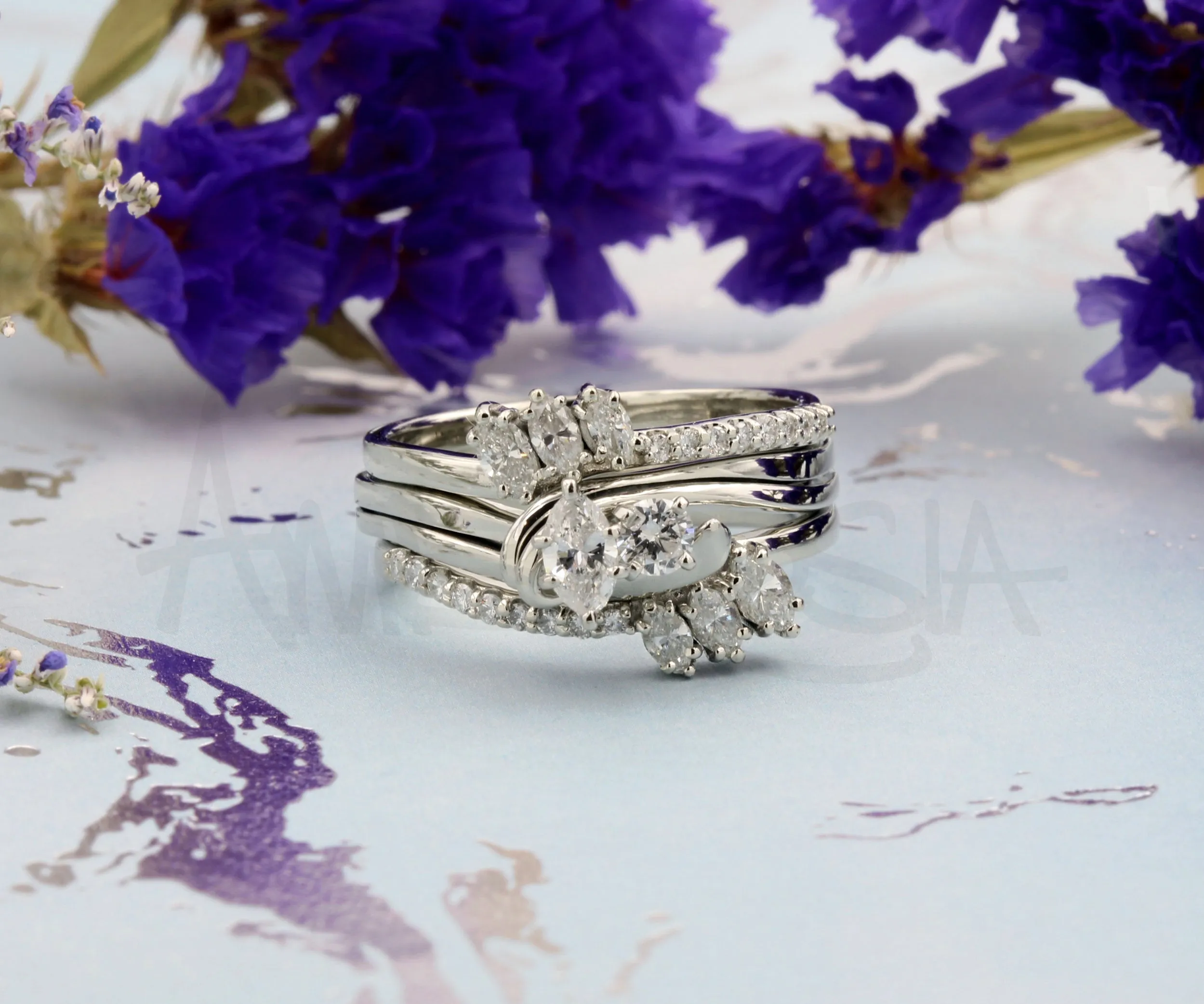 Custom Curved Marquise Diamond Swirl Wedding Ring