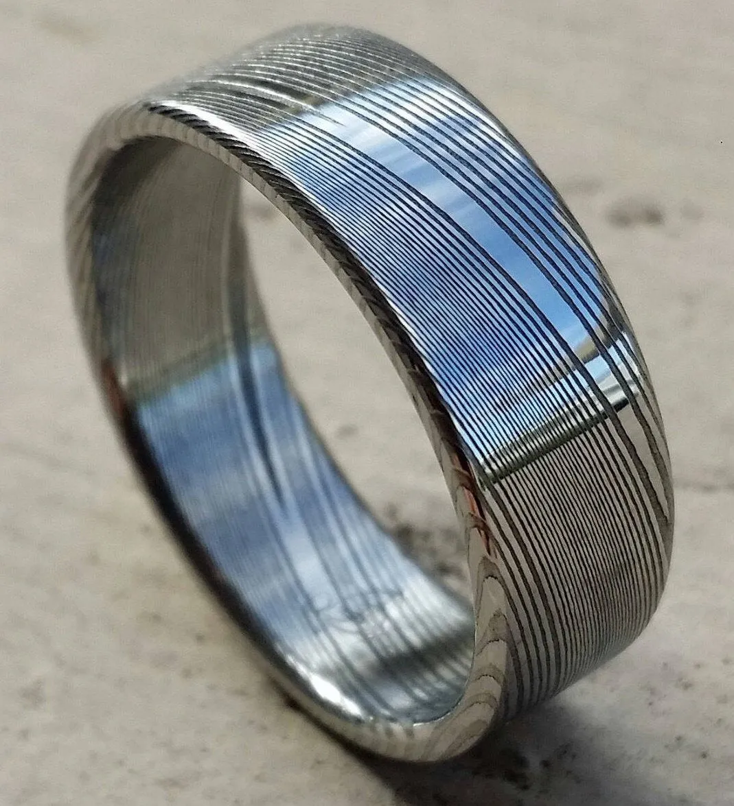 Damascus steel ring polished "WOODGRAIN"! Dark etch damasteel mens rings mens wedding rings mens rings